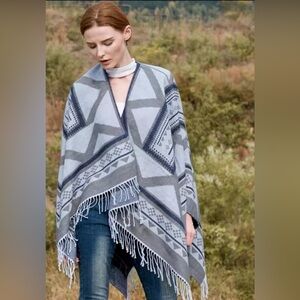 Superdry Blue Kaya Shawl Boho Cape Knit Blanket Poncho Fringe Southwest Aztec OS